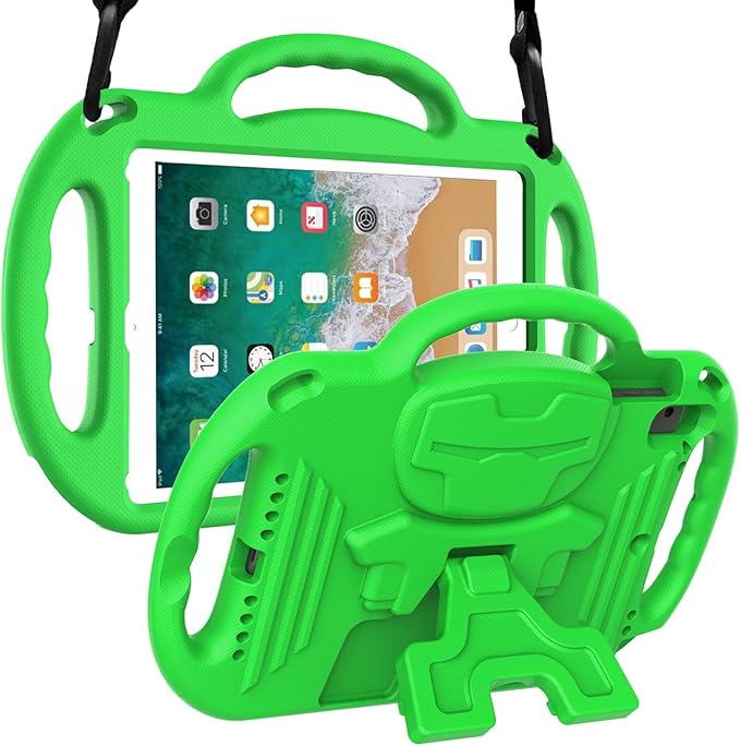 LTROP Kids Case for iPad 5th/6th Generation (2017/2018) & Air 2, Shoulder Strap Handle Stand Shockproof Bumper Cute Kid Case for iPad 9.7 Inch, Green