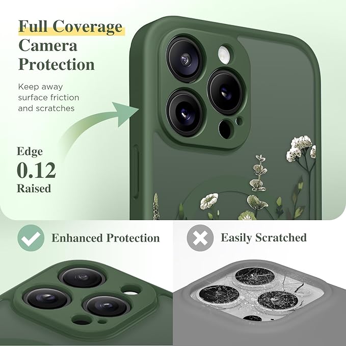 GVIEWIN for iPhone 15 Pro Case Compatible with MagSafe, [Military Grade Protection] [Screen Protector] Full Camera Protection Floral Translucent Women Magnetic Phone Case, Floratopia/Forest Green