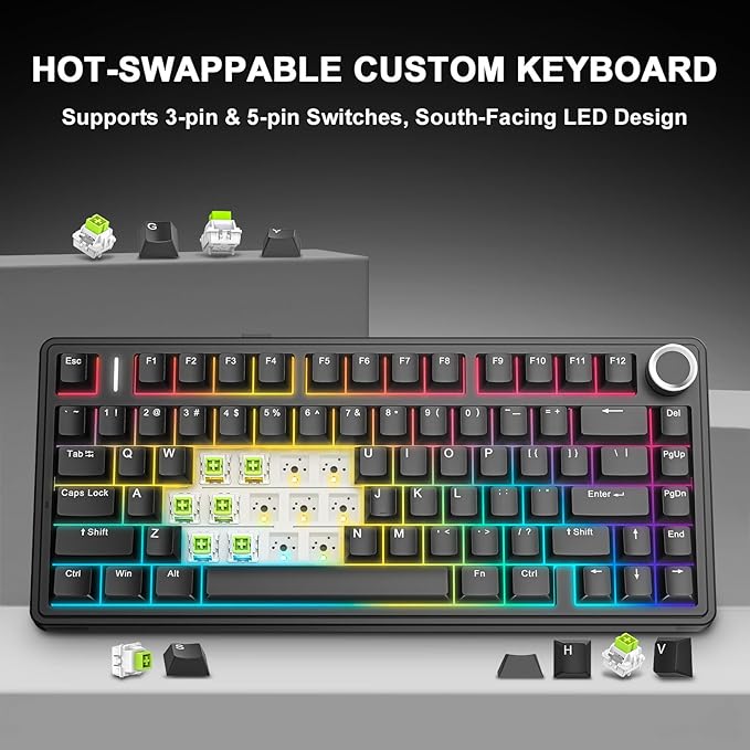 AULA F75 - 75% Wireless Mechanical Keyboard,Hot Swappable Custom Gaming Keyboard with Knob,BT5.0/2.4GHz/USB-C,RGB Backlit,Pre-lubed Switches,Double Shot PBT Keycaps,Creamy Mechanical Gaming Keyboards