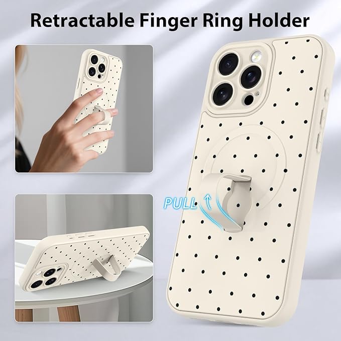 KANGHAR Compatible with iPhone 16 Pro Max Case, Support for MagSafe, Silicone Spot Cute Pattern, Wristband Kickstand Camera Protection Soft Slim Cover for Girls Women -White