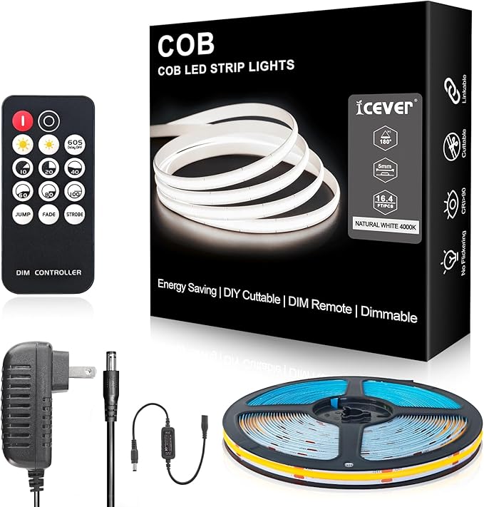 COB LED Strip Lights, ETL Listed Natural White Light Strip 4000K, 16.4ft 24V COB Lights with 1600 LEDs, CRI 90+, Remote, 24V Adapter, LED Light for Cabinets, Home DIY Lighting Indoor Decoration