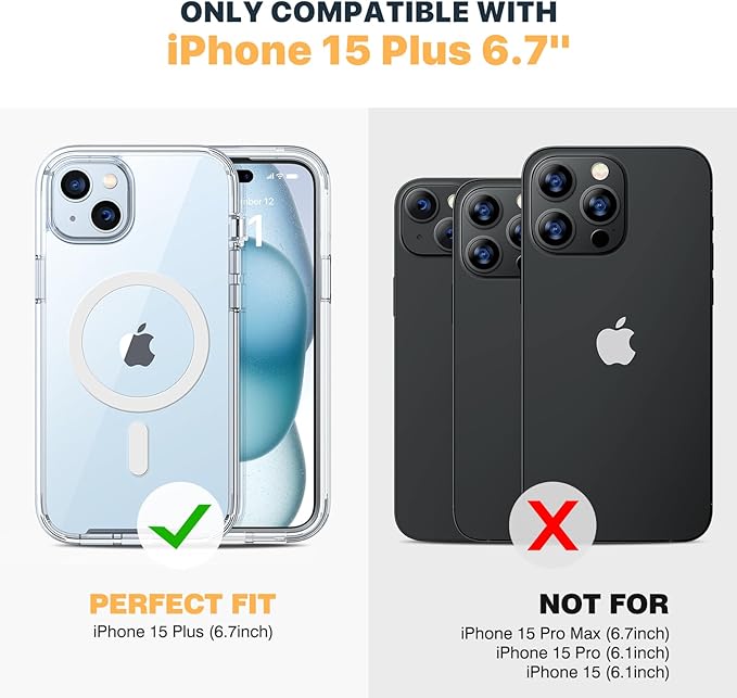 Diaclara Designed for iPhone 15 Plus Case 6.7'', [Compatible with MagSafe] Full Body Rugged Magnetic Case w/Built-in Screen Protector+Glass Camera Lens Protector,Clear-Magnetic
