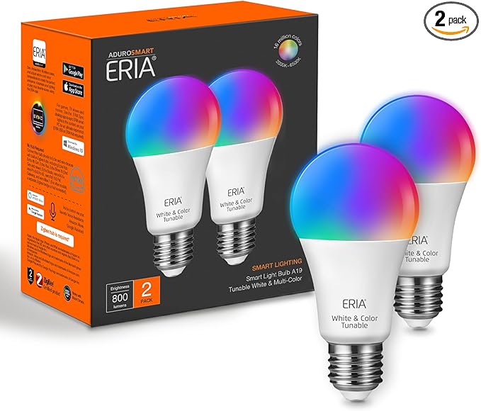 ERIA Colors and White A19 Dimmable CRI 90+ Smart Bulb Works with Hue*, SmartThings, HA, Amazon Echo (4th Gen), Alexa, HA, Google Assistant (2-Pack)