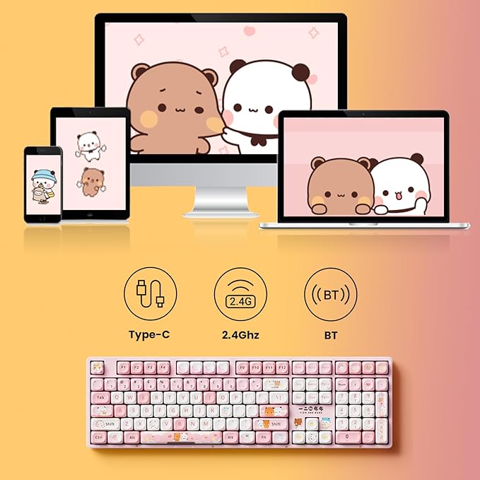Akko Wireless Gaming Keyboard 5108B Plus Full Size Keyboard Bubu & Dudu Pink Hot-Swappable Tri-Mode Mechanical Keyboard RGB Backlight, Piano Pre Lubed Switch