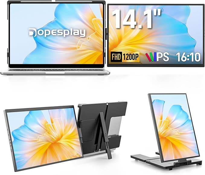 Dopesplay Laptop Screen Extender, 14" FHD 1200P IPS External Portable Monitor for Laptop, Plug & Play Dual Screen Monitor for 14"-17" Laptops, Compatible with Mac, Wins, Chrome, Android, Dex