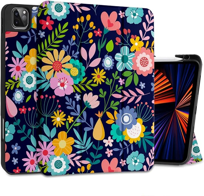 DONGKE Case for iPad Pro 11 inch (4th, 3rd, 2nd & 1st Gen) 2022 2021 2020 2018, Trifold Stand + Pencil Holder + Auto Wake/Sleep + Soft TPU Protective Stand Back Cover, Florals