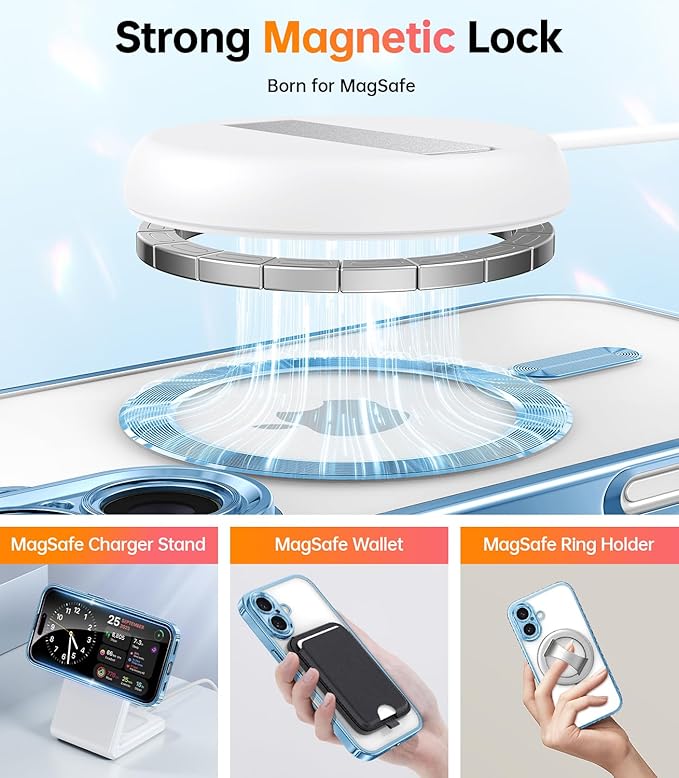 Meifigno Case Designed for iPhone 16 6.1 inch, [Compatible with MagSafe] [2X Screen Protectors] [Glitter Card & Wrist Strap] Surround Lens Protection Designed for iPhone 16 Case Girls, Sky Blue
