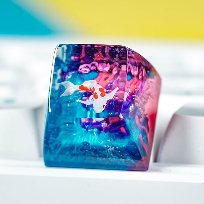 Kohaku Koi Artisan Keycap Blue and Pink Ocean Coral R1 SA Profile Custom Keycaps 1U ESC Handmade Gaming Resin Key Cap Cherry MX Switch Compatible Mechanical Keyboard Koi Lover Gift