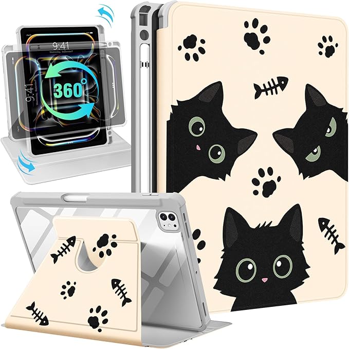 Uppuppy for iPad Pro M4/M5 Case 13 inch - 360 Degree Rotating Stand Folio Smart Cover with Pencil Holder for Women Girls, Black Cats for iPad Pro 13 inch Case 2024 M4/2025 M5