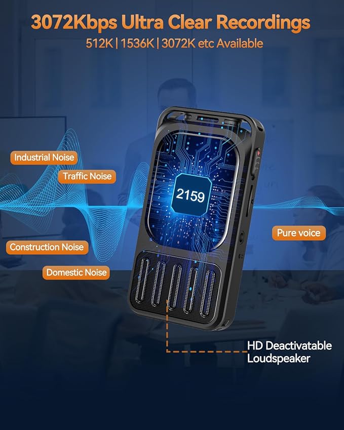 64GB Digital Voice Recorder with 2" Touchscreen & Bluetooth, 3072Kbps HD Dual Mic XIXITPY Audio Recording Device with Playback, Password, A-B Repeat, MP3 for Lectures, Meetings, Interviews