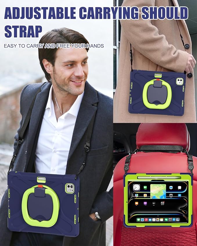 BRAECN for iPad Pro 11 Inch Case (M5/M4) 2025/2024, Shockproof Silicone Cover with Built-in Screen Protector, Multiple Adjustable Viewing Angles, Shoulder Strap, Handle Grip, Pencil Holder, Navy Green