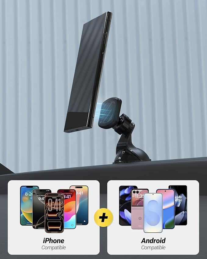 Scosche Extra Strength Suction Cup Phone Mount, Magnetic Dashboard/Windshield Mount Cell Phone Holder for Car with 360° Rotation, StickGrip Base & Thick Metal Plate for iPhone and Android, Not MagSafe