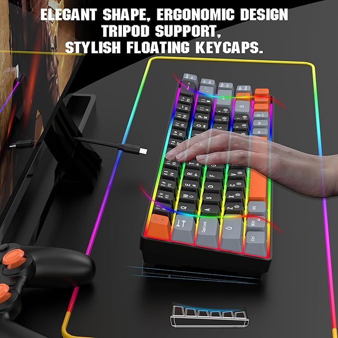 Snpurdiri 60% Percent Gaming Keyboard, Compact RGB Backlit Small Gaming Keyboard for Windows, PC, Laptop (68 Keys, Black-Grey-Orange)