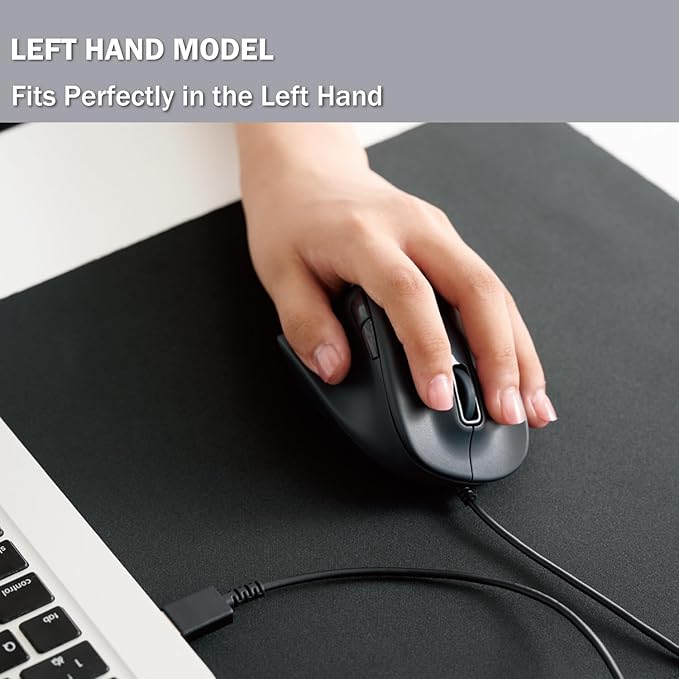 ELECOM Left Hand Wired USB Ergonomic Shape Mouse, Silent Click, 2000DPI, 5 Buttons, Optical Sensor, Compatible with PC, Mac, Laptop, EX-G, Msize Black (M-XGM31UBSKBK)