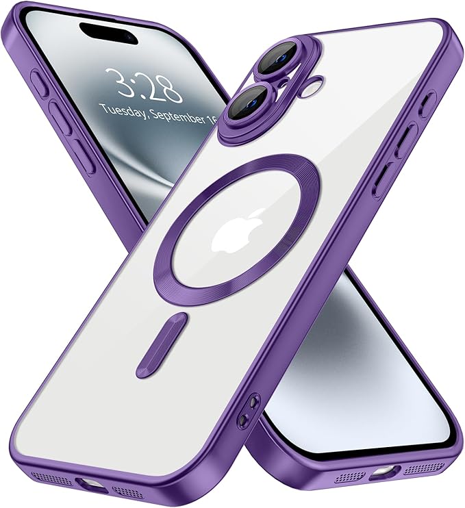 Hython Magnetic Clear for iPhone 16 Plus Case with Camera Lens Protector [Compatible with MagSafe] Luxury Plating Edge Slim Soft TPU Cover Protective Phone Case for iPhone 16 Plus, Matte Purple