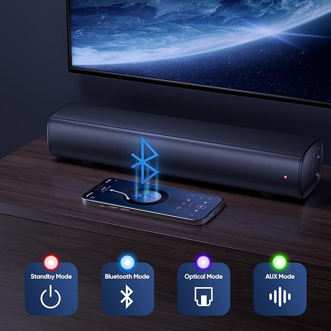 Saiyin Soundbar with 4'' Subwoofers - 70W Rounded-Edge Subwoofer & Compact Soundbar for TV, 2.1 Audio Enhanced Surround Sound System for TV, Bluetooth/Optical/AUX Connection for TV/PC