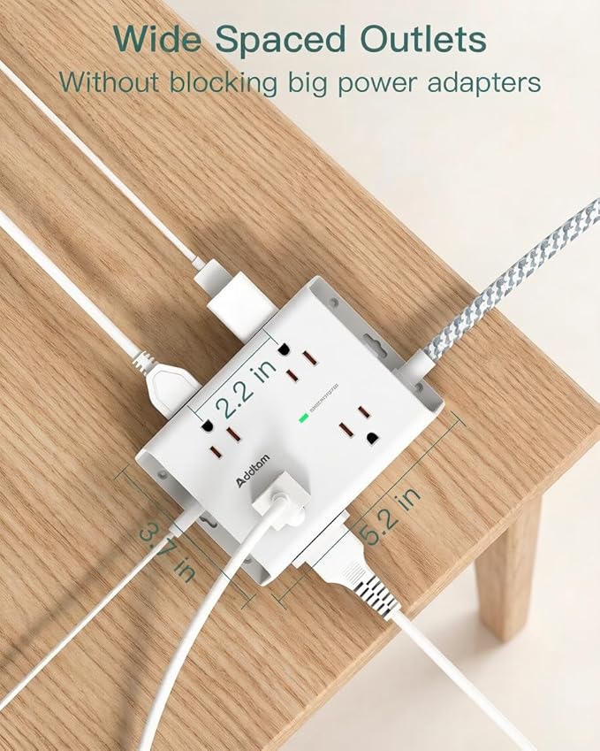Addtam Surge Protector Power Strip, 8 Widely Outlets with 4 USB Ports (2 USB C), 15ft Extension Cord with Multiple Outlets, 3 Side Outlet Extender, Flat Plug, Wall Mount, ETL, White