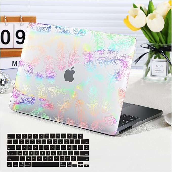 Funut for MacBook Air 13 inch M5 2026 2025-2022 M4 M3 M2 A3449 A3240 A3113 A2681,Plastic Hard Protective Shell Case + Keyboard Cover for M5 MacBook Air 13.6",Transparent Feathers