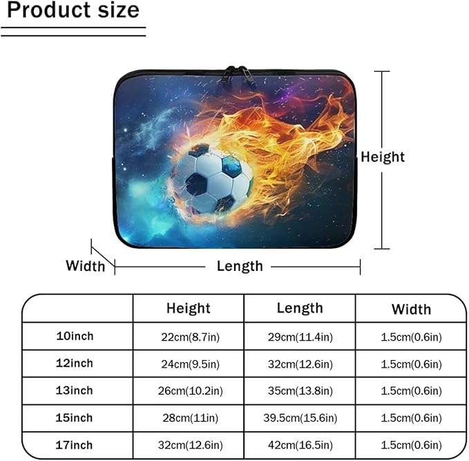 Water Flame Football Computer Sleeve for Men 12 InchLaptop Sleeve Neoprene Laptop Covers with Padded Compartment Lap Top Case Soccer Computer Carrying Bag