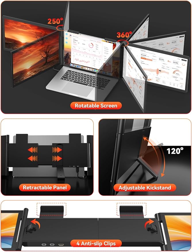 HotYeah Laptop Screen Extender, One Cable Connection (Windows & Mac), 14" 1080P Dual Portable Monitor, USB-C HDMI Wireless Travel Extended Display Triple Screen Monitor for 12-16.5" Laptop