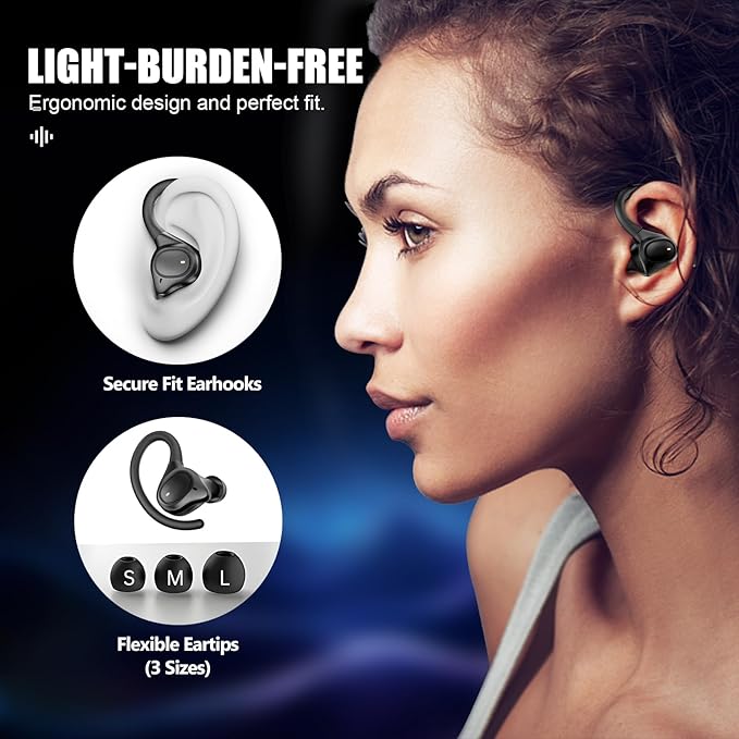 APEKX True Wireless Earbuds - Secure Fit Earhooks for Small Ear, Bluetooth Headphones for iPhone, IPX7 Waterproof, 40H Playtime, Ideal for Sports and Workouts (Black)