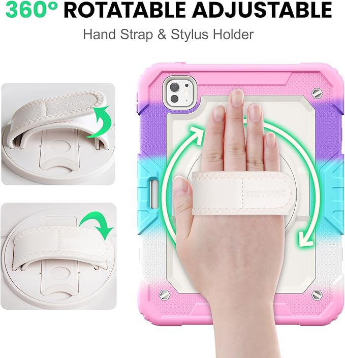 SEYMAC for iPad Pro 11 Inch Case M5 2025 / M4 2024, Heavy Duty Shockproof Protective Case with Screen Protector, 360° Rotating Stand, Hand/Shoulder Strap and Pen Holder, Colorful Pink