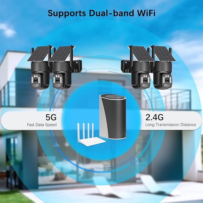 Solar Security Cameras Wireless Outdoor, 4 Cam-Kit, Solar-Powered, No Subscription,Home Security Cameras System with 4MP Color Night Vision, Auto Tracking, Pan & Tilt, Spotlight & Siren, 2.4 & 5G WiFi