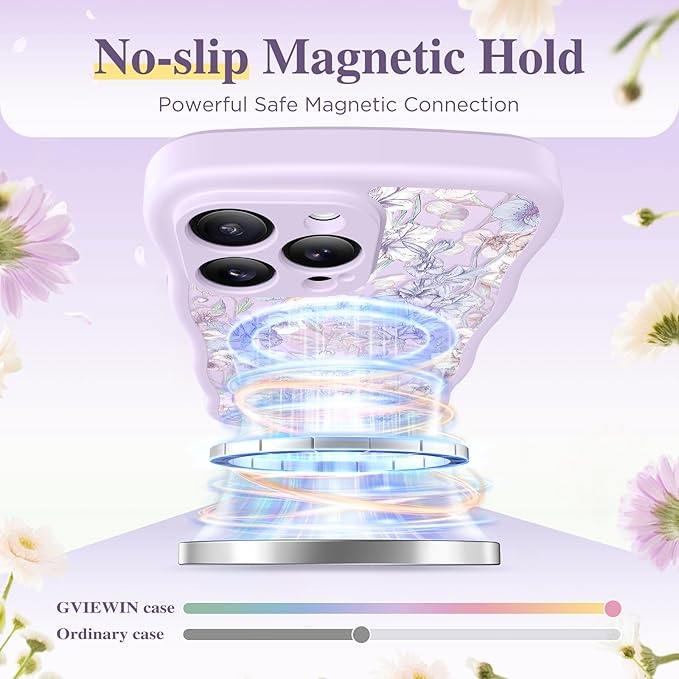 GVIEWIN for iPhone 15 Pro Max Case Compatible with MagSafe [Curly Wave Edge][Full Camera Protection]Floral Translucent Shockproof Magnetic Women Phone Case for 15 Pro Max 6.7'', Apricot Blossom/Purple