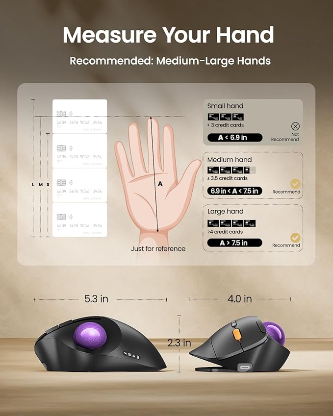 ProtoArc Wireless Bluetooth Trackball Mouse, EM02 Two Adjustable Angle Ergonomic Rechargeable Computer Ball Mouse, 3 Device Connection, Thumb Control and Smooth Tracking for Laptop, PC, Mac-Purple