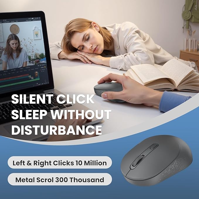 TECKNET Bluetooth Wireless Mouse, Bluetooth 5.0 & 2.4G USB Receiver, Compact & Portable, Silent Click, Ergonomic Symmetrical Design, 18-Month Battery, Adjustable DPI, Wide Compatibility - Grey