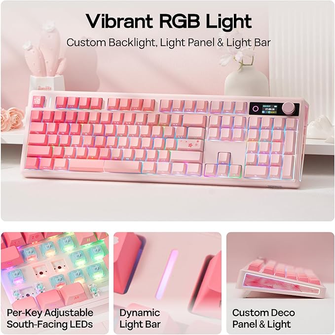 EPOMAKER TH108 V2 PRO Full Size Mechanical Keyboard with Screen&Knob, 10000mAh, BT/2.4Ghz, Mac Modifier PBT Keycap, Hot Swap, RGB, Gasket, Wireless Gaming Keyboard for Mac/PC (Pink, Creamy Jade)