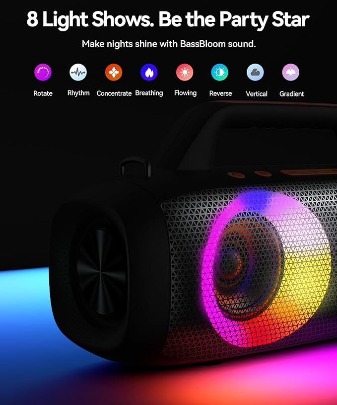 BassBloom Roar 1 Portable Bluetooth Speaker,60W Powerful Sound with JIKE Bass,IPX6 Waterproof,24H Playtime,Bluetooth 5.4,RGB Party Lights,Wireless Stereo Pairing,Travel Outdoor for Camping and Beach