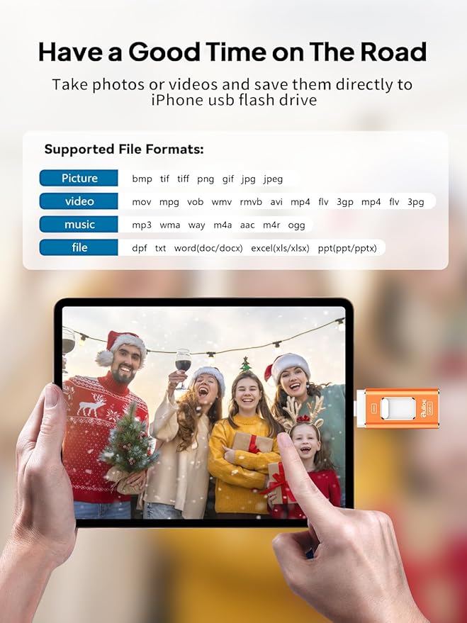 Gulloe 256GB Dual Interface Flash Drive for Phone Storage Photos Videos, Phone USB Backup External Photo Memory Stick - No App Required, Compatible with iPhone, iPad, Android & PC (Orange)