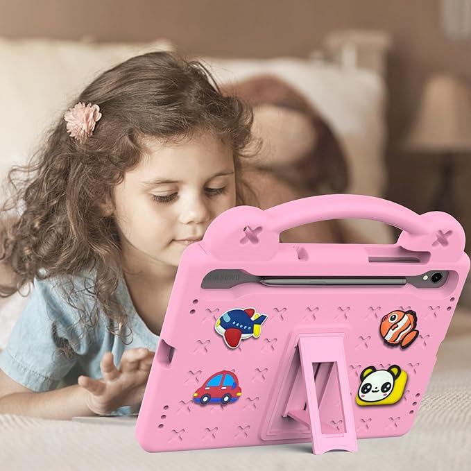 AKABEILA Compatible with Samsung Galaxy Tab S10 FE 2025 Tablet Case, Kids Friendly Universal Lightweight Shockproof Protective Case with Shoulder Strap & Stand Handle Pink