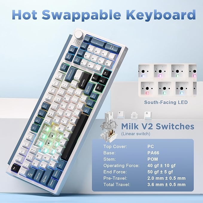 K98 Wireless Mechanical Keyboard,Tri-Mode BT5.0/2.4GHz/USB-C Hot Swappable Custom Keyboard,Gasket Structure,RGB Backlit Gaming Keyboard for Win & Mac(White&Blue,Milk-V2 Switch)