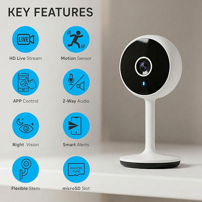 Geeni Vivid Indoor Smart Security Camera – HD Live Stream Camera for Indoor Home Monitoring with Night Vision, 2-Way Audio, Flexible Mount, Micro SD Slot, Motion Detection & App Control – 2Pack, White