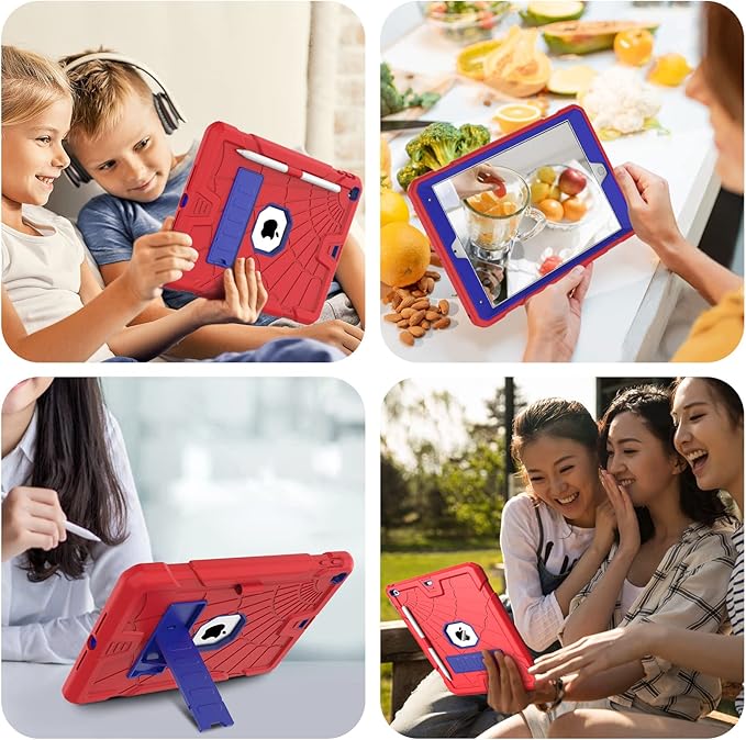 Sibeitu iPad 9th Generation Case with Stand & Pencil Holder, Kids Protective iPad 10.2 Inch Cover 7th 8th 9th Gen 2019 2020 2021, Blue & Red Spider Web Cool Design for Boys Girls Anime Lovers.