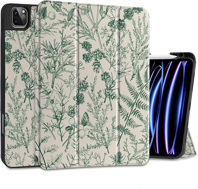 DONGKE Case for 2022/2021/2020/2018 iPad Pro 11 inch Gen 4/3/2/1 - Slim Protective Case - Built in Pencil Holder Support Charging - Trifold Stand & Sleep/Wake Cover- Plant & Berry