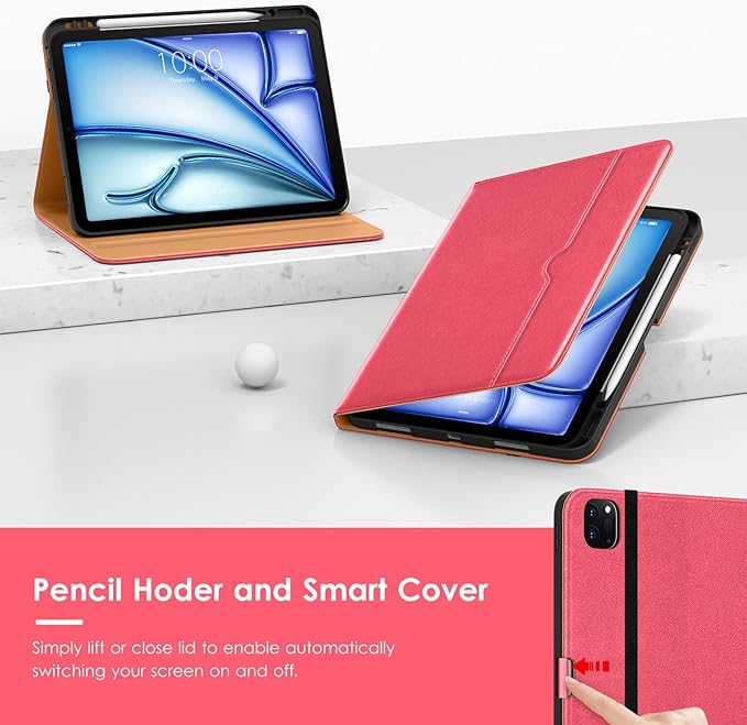 VIKESI Case for iPad Air 13 inch (M4) 2026 / (M3) 2025 / (M2) 2024,Premium Leather Folio,Apple Pencil Holder,Auto Sleep/Wake,Stand Cover - Rose Red