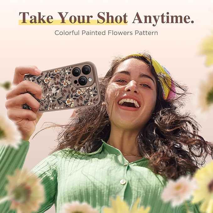 GVIEWIN for iPhone 15 Pro Max Case Compatible with MagSafe, [Military Grade Protection] [Screen Protector] Full Camera Protection Floral Translucent Women Magnetic Phone Case, Bunchflower/Brown