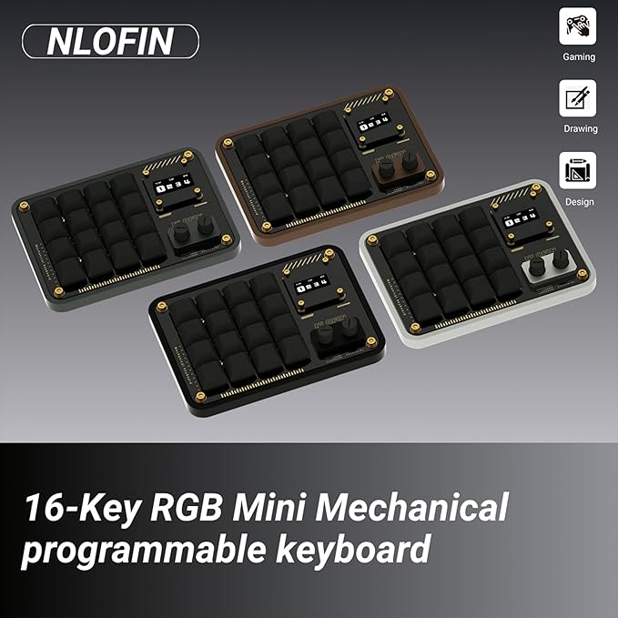 Double Knob Custom Macro Pad Programmable Designer Mini Keyboard 16 Keys with Screen (Black,KB16)