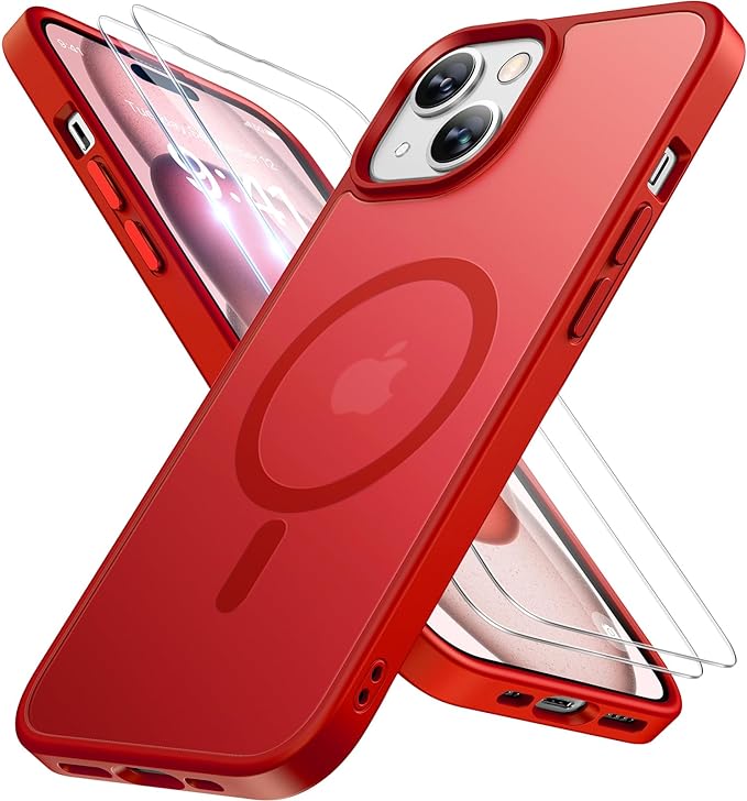 Miracase Magnetic for iPhone 15 Plus Case 6.7 inch (Compatible with MagSafe)（with 2X Screen Protectors） Military-Grade Protection, Anti-Fingerprint Translucent Matte Phone Cover, Red