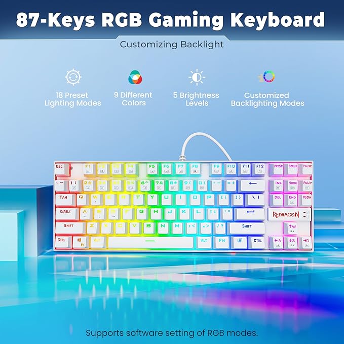 Redragon K552P Mechanical Gaming Keyboard TKL with 18 Backlight Modes, Hot-Swappable Blue Switches, 87-Key Compact Ergonomic Design, N-Key Rollover & Software Programmable Macro - RGB, White