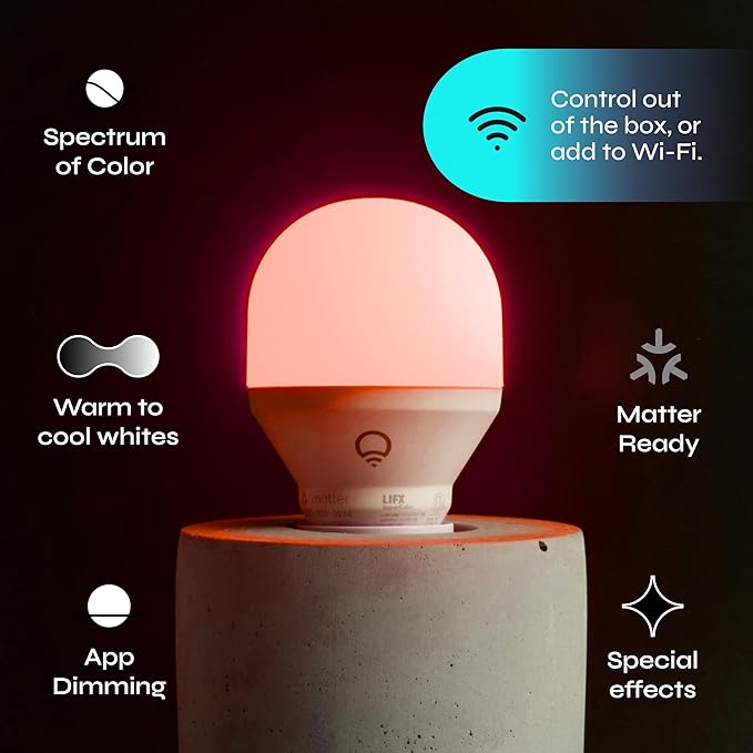 LIFX Color Smart Light Bulbs E26 (2-Pack), Matter Compatible RGB + Tunable White (800 Lumens), WiFi Dimmable Color Changing (2.4GHz), Compatible with Apple HomeKit, Alexa & Google