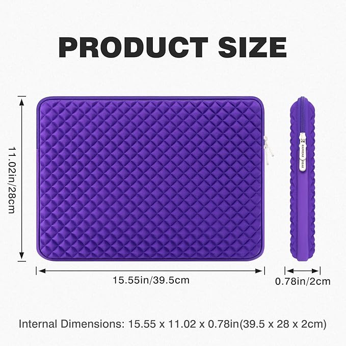 RAINYEAR 15.6 Inch Laptop Sleeve Diamond Foam Shock Resistant Neoprene Padded Case Fluffy Lining Zipper Cover Carrying Bag Compatible with 15.6" Notebook Computer Chromebook (Purple)