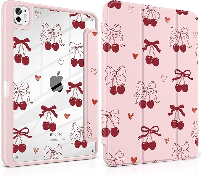 TWOLSKOO Case for iPad Pro 11-inch (M5 2025 / M4 2024), Clear Acrylic Back with TPU Bumper, Pencil Holder, Trifold Stand, Auto Sleep/Wake, Bows & Hearts