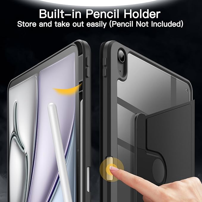 JETech Rotating Case for iPad Air 13-Inch M4/M3/M2 (2026/2025/2024) with Pencil Holder, 360 Degree Rotation Protective Stand Cover Clear Back, Auto Wake/Sleep (Black)
