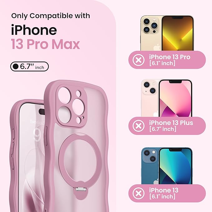 CAPRARO for iPhone 13 Pro Max Case with 360° Spin Magnetic Stand for Women, [Compatible with MagSafe] [Full Camera Protection] Cute Wave Translucent Matte Case for iPhone 13 Pro Max, Black Currant