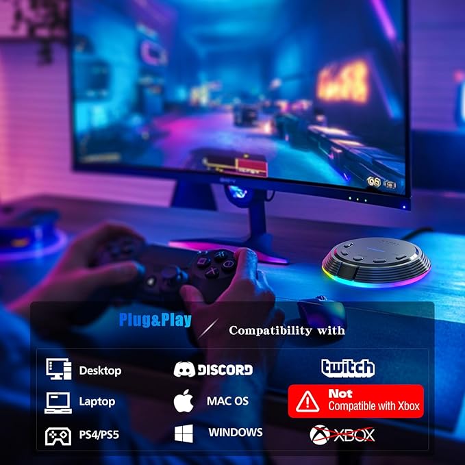 LIANGSTAR Gaming USB Microphone with AI Noise Cancellation, 5 Voice Changes, Mute, Volume Control, RGB Light Condenser Computer Microphone for PC Gamer, YouTube, Streaming, Conference
