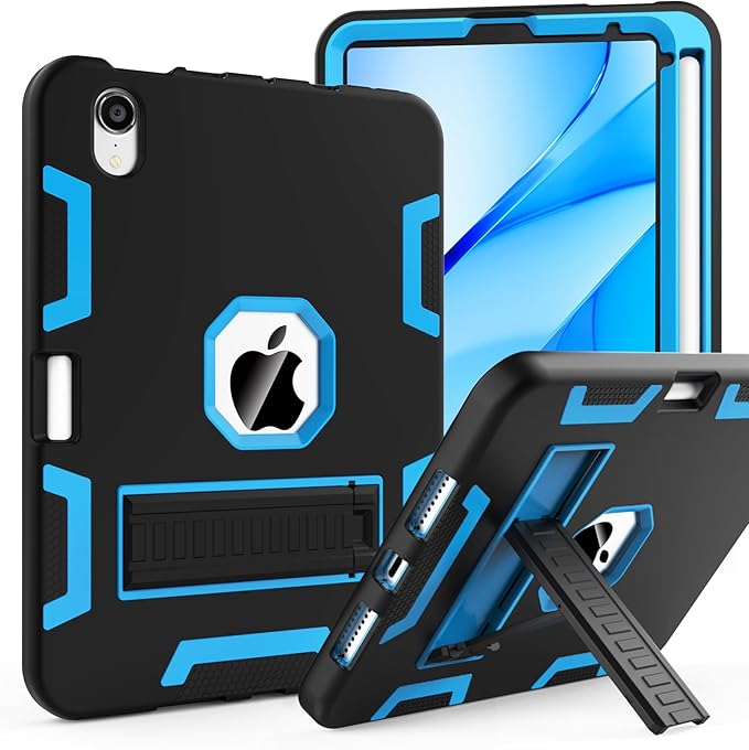 CCMAO for iPad mini 7 A17 Pro Case, iPad mini 6th/7th Generation Case (2021/2024), with Pencil Holder and Kickstand, Heavy Duty Shockproof Hybrid Three Layer Protective Cover, Black+Sky Blue